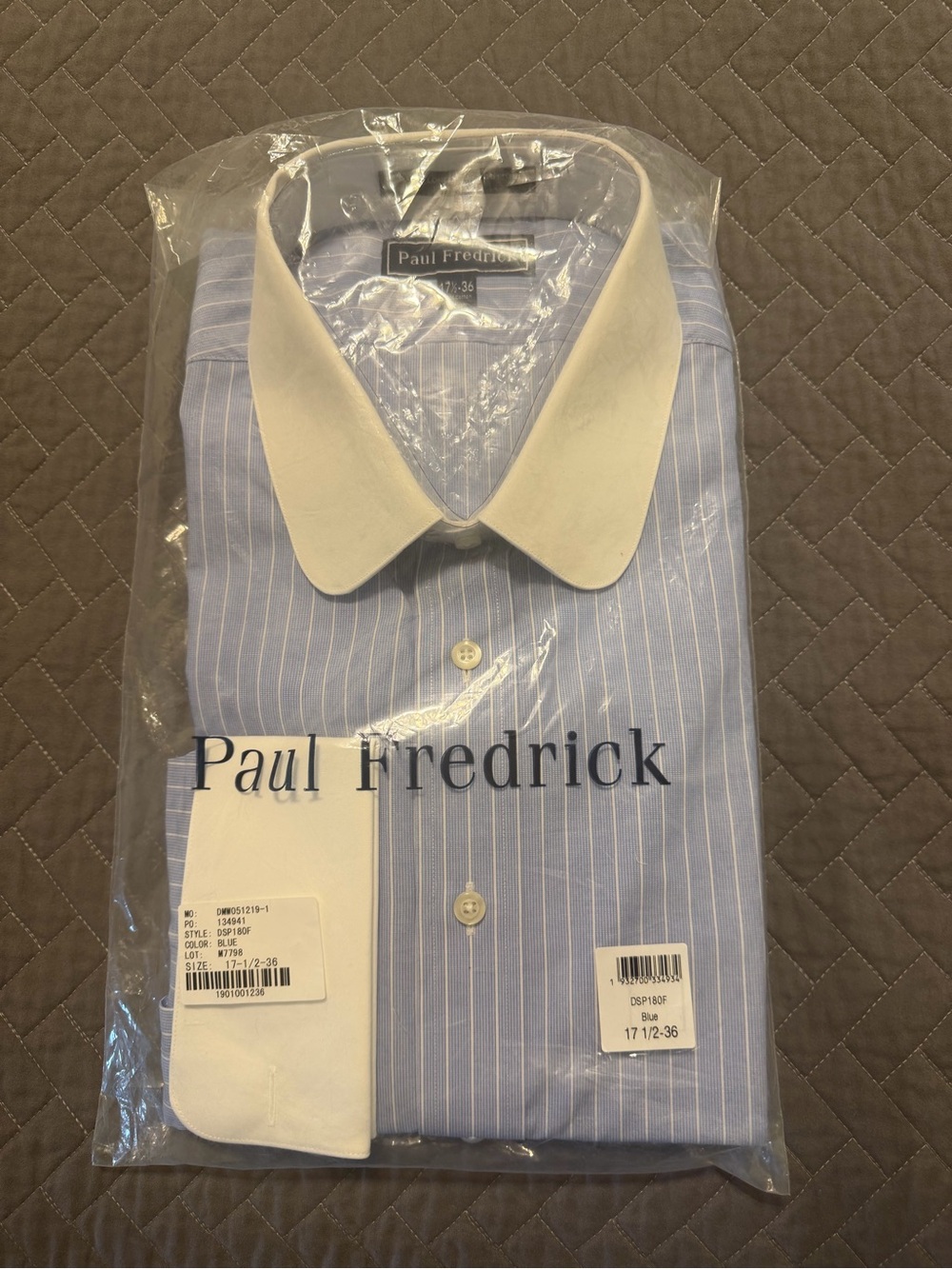 Paul Fredrick Light Blue Pinstripe Dress Shirt with White Contrast Collar